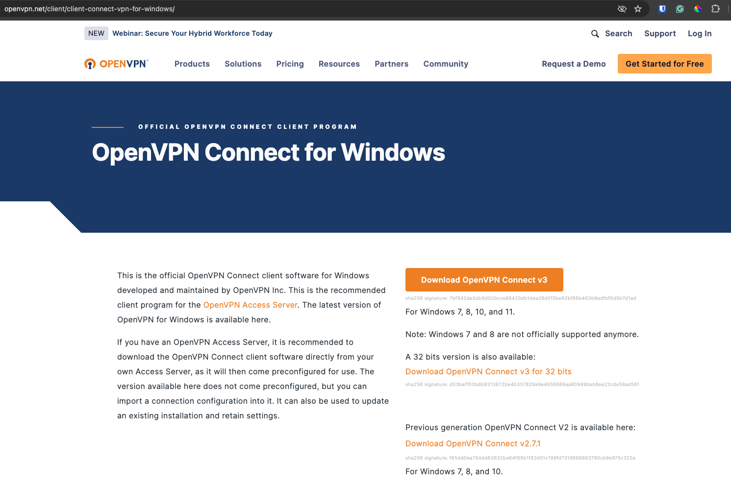 OpenVPN Connect for Windows website
