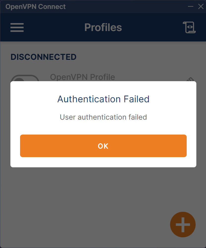OpenVPN Connect authentication failed